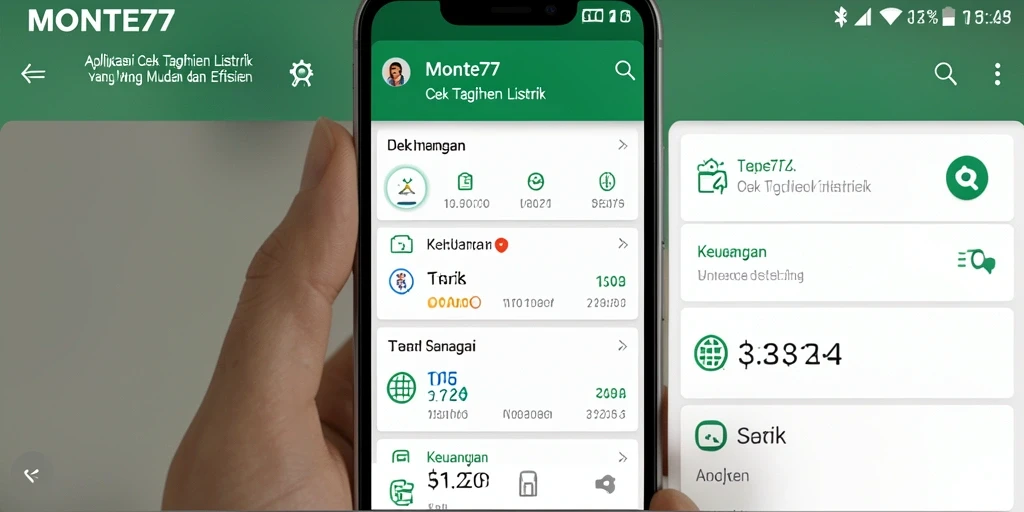Tampilan antarmuka aplikasi MONTE77 untuk cek tagihan listrik.